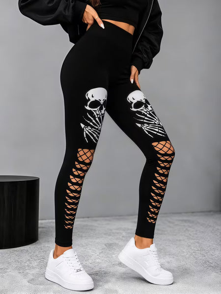 Women Skull Cutout Ripped Leggings