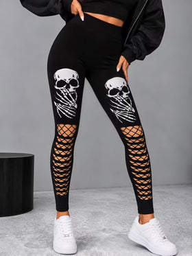 Women Skull Cutout Ripped Leggings