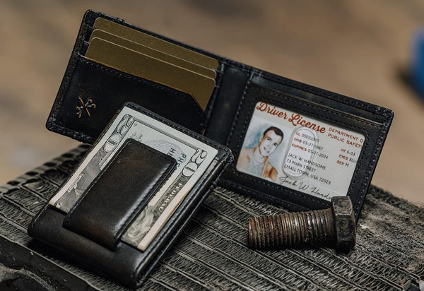 Skull Bifold Money Clip Front Pocket Full Grain Leather Wallet