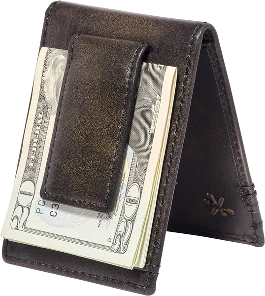 Skull Bifold Money Clip Front Pocket Full Grain Leather Wallet