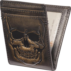 Skull Bifold Money Clip Front Pocket Full Grain Leather Wallet