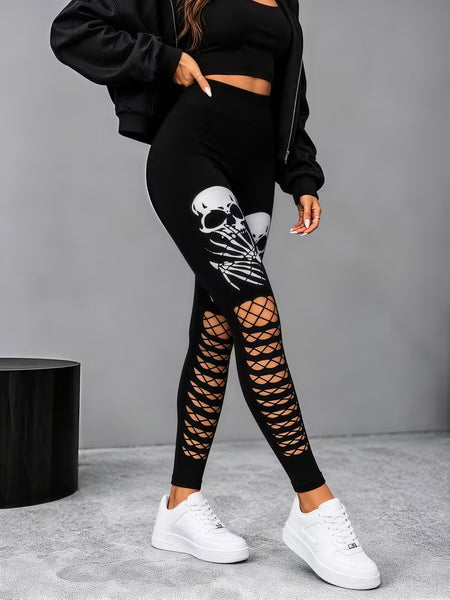 Women Skull Cutout Ripped Leggings