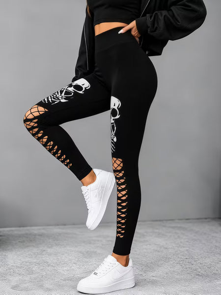 Women Skull Cutout Ripped Leggings