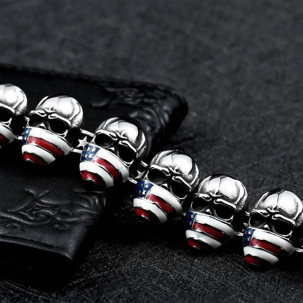 Stainless Steel American Flag Skull Bracelet - Free Shipping
