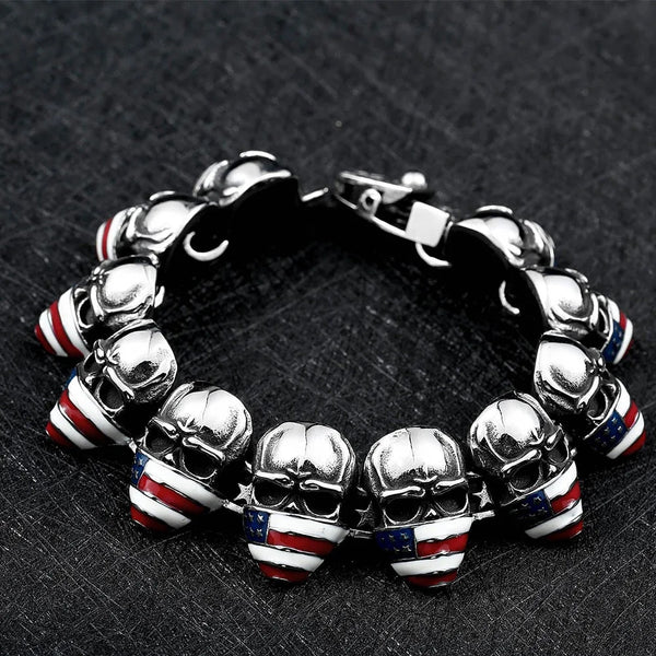 Stainless Steel American Flag Skull Bracelet - Free Shipping