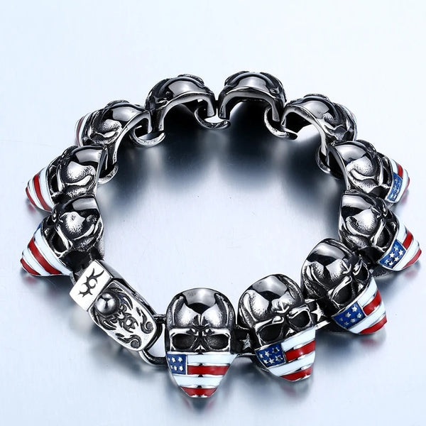 Stainless Steel American Flag Skull Bracelet - Free Shipping