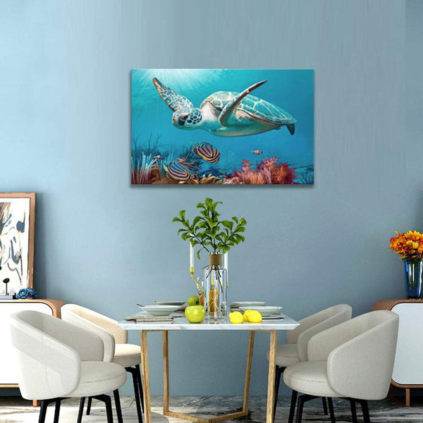 Blue Ocean Sea Turtle Wall Decor Framed Canvas Print - Size:12"x16"inch