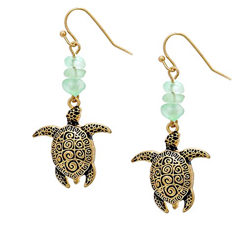 Green Sea Glass Beads Sea Turtle Fashionable Earrings -  Matte Gold