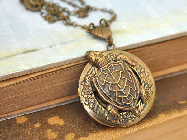 Handmade Antiqued Brass Sea Turtle Floral Locket Necklace