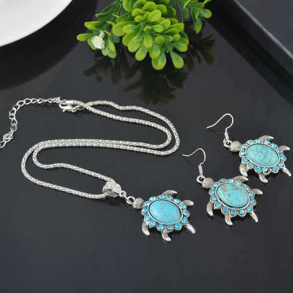 Turquoise Turtle Necklace & Dangle Drop Earrings Jewelry Set - Free Shipping!