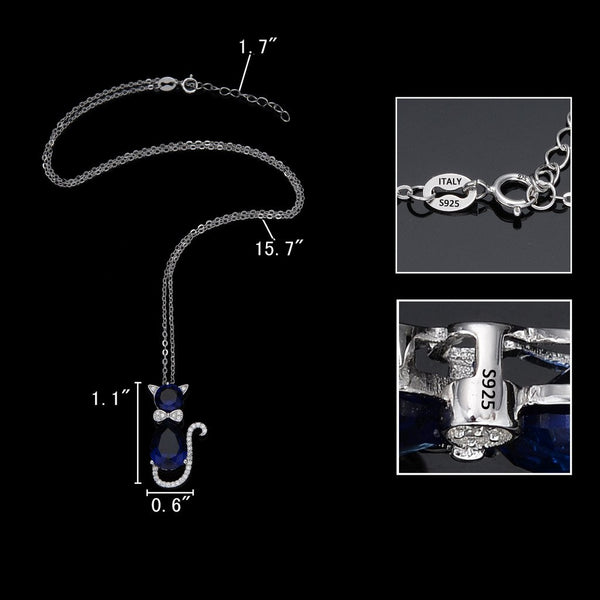 925 Sterling Silver Cubic Zirconia Cat Rolo Chain Pendant Necklace