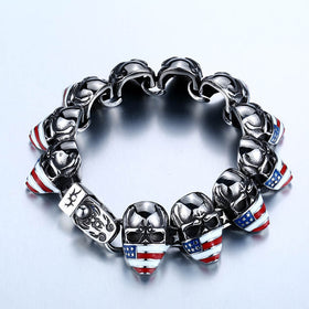 Stainless Steel American Flag Skull Bracelet - Free Shipping