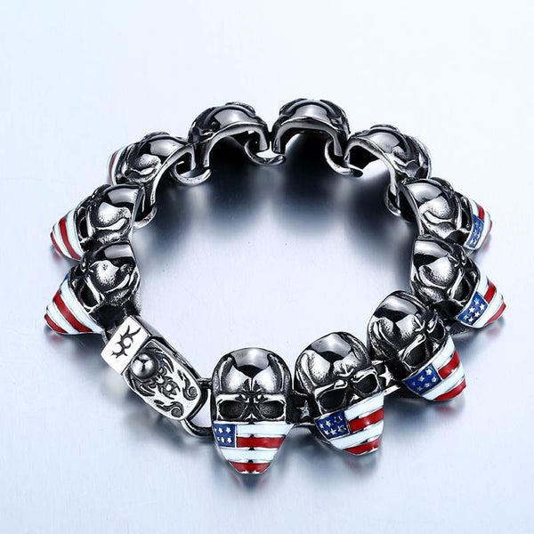 Stainless Steel American Flag Skull Bracelet - Free Shipping