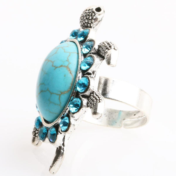 Turtle Shape Crystal Mosaic Green Stone Resizable Ring - Free
