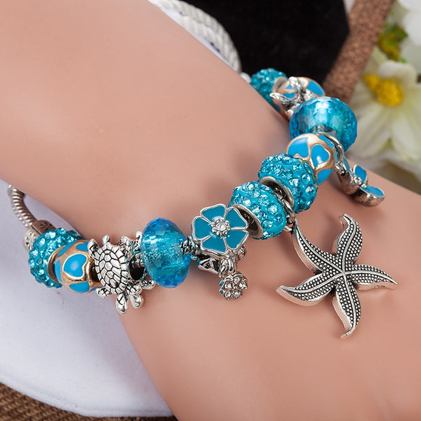 Fashion Crystal&Glass Sea Turtle Charm Bracelet