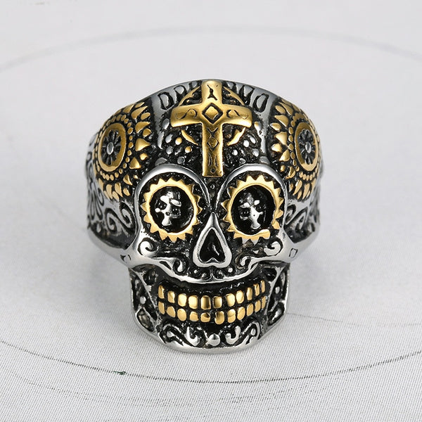 Stainless Steel Cross Skull Biker Ring