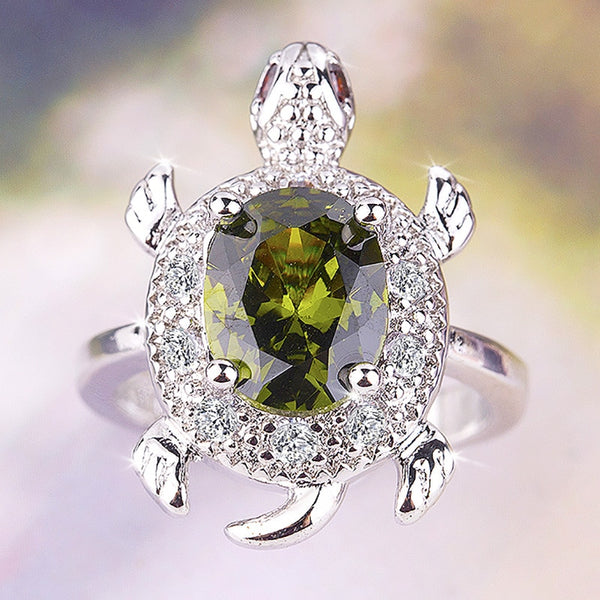 Olive Green Crystal Zircon Turtle Ring