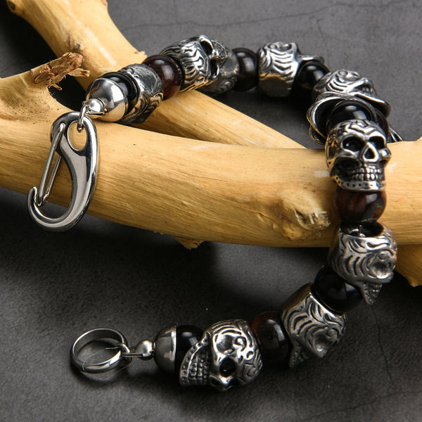 Natural Stone Stainless Steel Men Skull Beads Bracelet