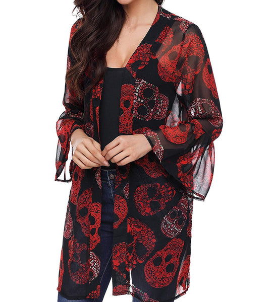 Women's Skull Print Sheer Loose Kimono Cardigan Top Blouse Cover up