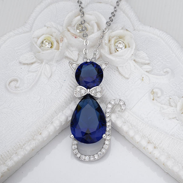 925 Sterling Silver Cubic Zirconia Cat Rolo Chain Pendant Necklace