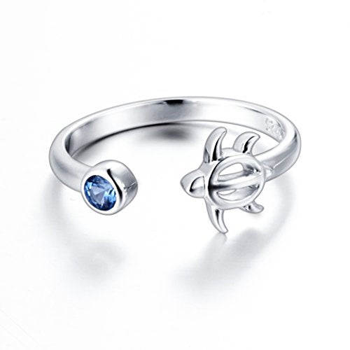 925 Sterling Silver Sea Turtle with Cubic Zirconia Adjustable Ring