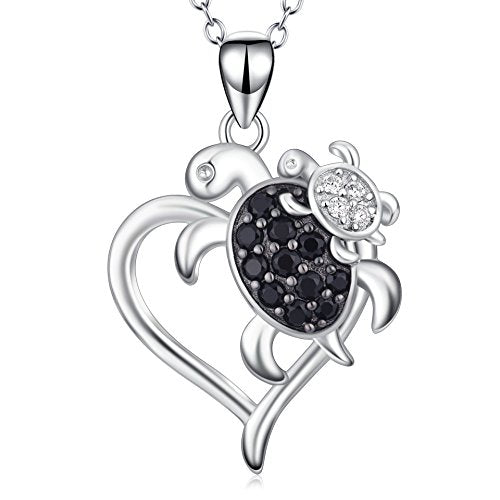 Sterling Silver Mom and Child Sea Turtle Heart Pendant Necklace,
