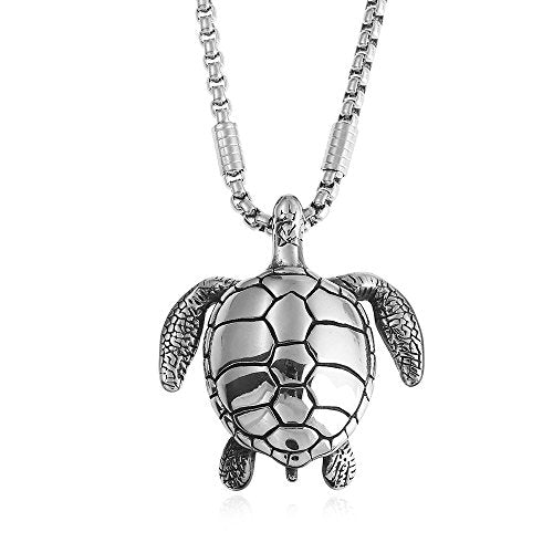 Black Natural Agate Stone Stainless Steel Sea Turtle Pendant Necklace