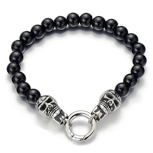 Skull Men Black Onyx Beads Bracelet