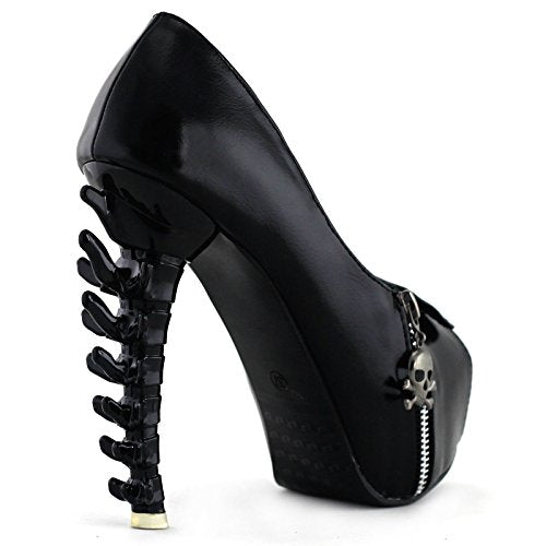 Womens Skull Zipper Peeptoe Platform Bone Heel Club Pumps
