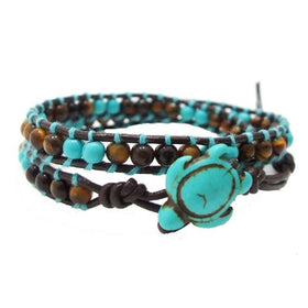 Ocean Sea Turtle Simulated Turquoise and Tiger's Eye Double Wrap Leather Bracelet