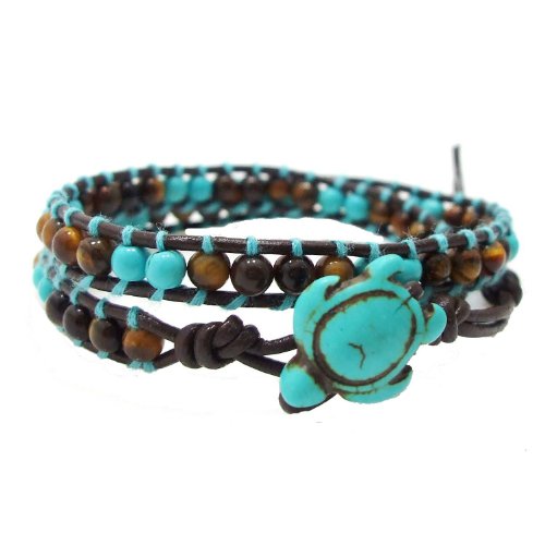 Ocean Sea Turtle Simulated Turquoise and Tiger's Eye Double Wrap Leather Bracelet