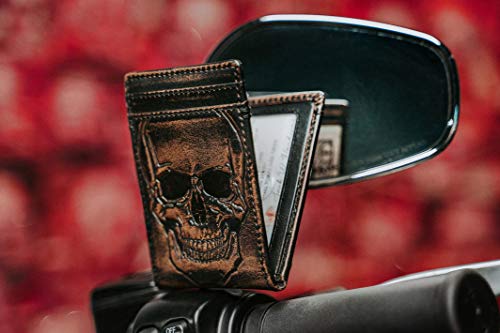Skull Bifold Money Clip Front Pocket Full Grain Leather Wallet