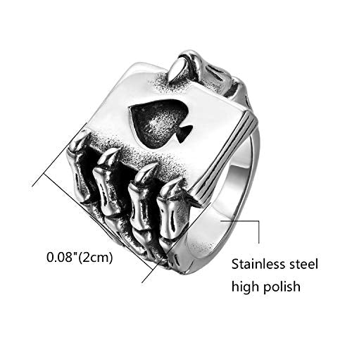 Men Stainless Steel Skull Hand Claw Poker Card Ace Ring