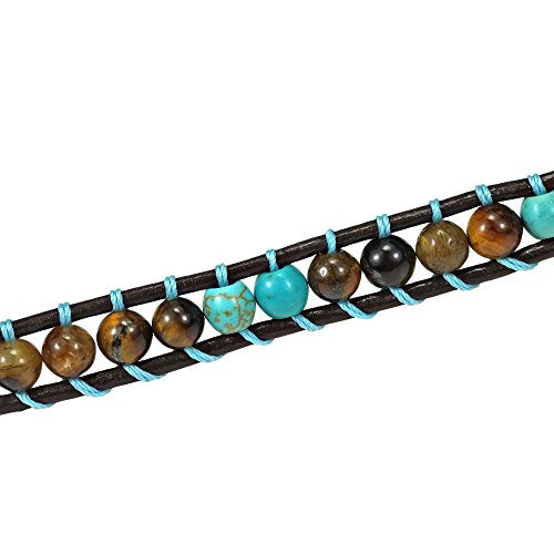 Ocean Sea Turtle Simulated Turquoise and Tiger's Eye Double Wrap Leather Bracelet