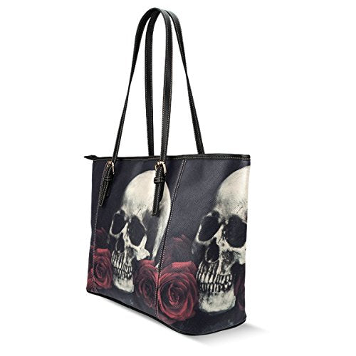 Rose Skull Women Leather Tote Shoulder Bag