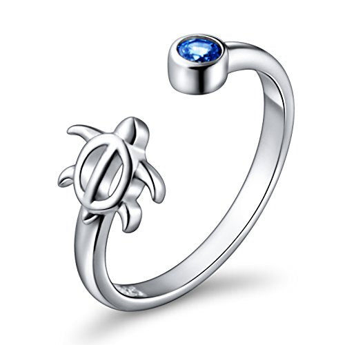 925 Sterling Silver Sea Turtle with Cubic Zirconia Adjustable Ring