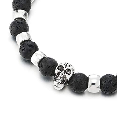 8.5MM Matt Black Volcanic Lava Stone Metal Beads Skull Bracelet