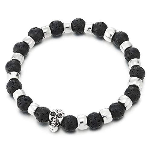 8.5MM Matt Black Volcanic Lava Stone Metal Beads Skull Bracelet