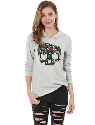 Women Floral Skull Print Pullover Hoodie Sweatshirt