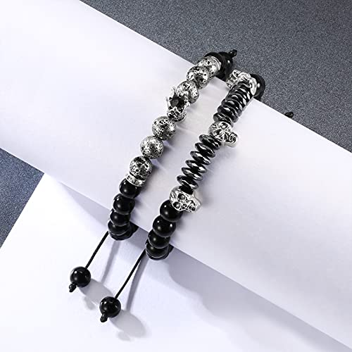 Skull Unisex Lava Stone Adjustable Crown Beaded Bracelet Set