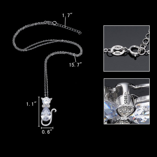 925 Sterling Silver Cubic Zirconia Cat Rolo Chain Pendant Necklace