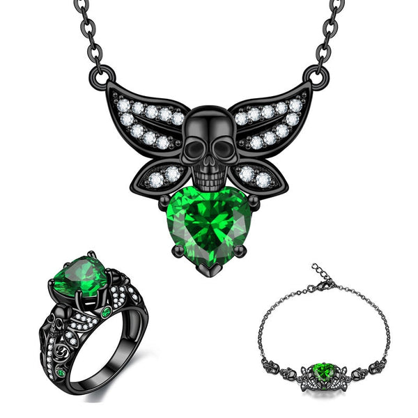 3PCS Fashion Skull Necklace Bracelet Ring Crystal Zirconia Set