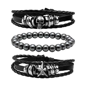 3 Pcs Unisex Braided Leather Skull Bracelet