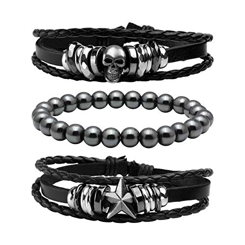 3 Pcs Unisex Braided Leather Skull Bracelet