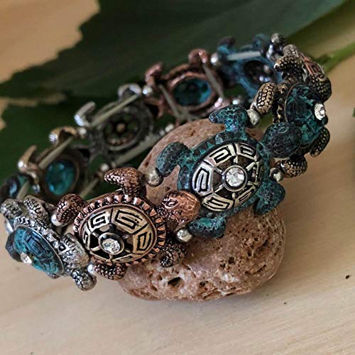 Sea Turtle Stretch Bracelet Two-Tone Patina Finish