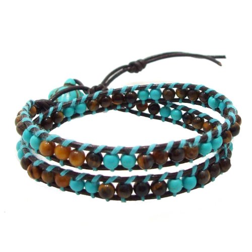 Ocean Sea Turtle Simulated Turquoise and Tiger's Eye Double Wrap Leather Bracelet