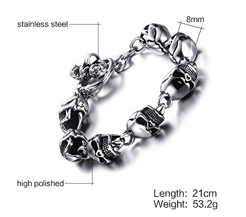Stainless Steel Gothic Skull Link Bracelets for Men, 8.26"