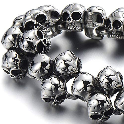 Gothic Large Stainless Steel Triple Skulls Bracelet for Men