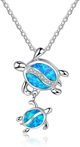 Blue Opal Mom Turtle With Baby Pendant Necklace