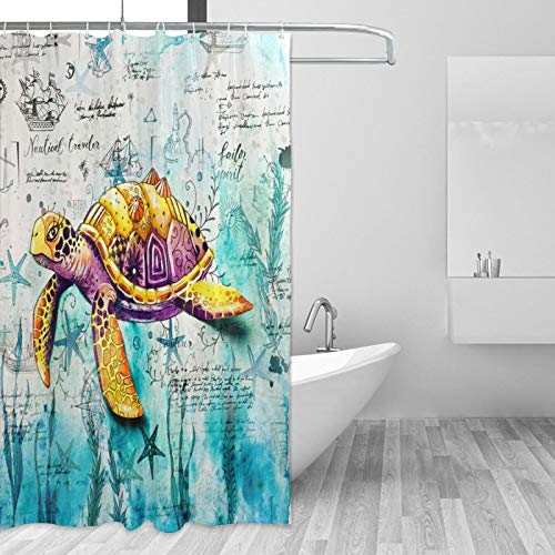 Nautical Map Sea Turtle Bath Curtain with 12 Hooks